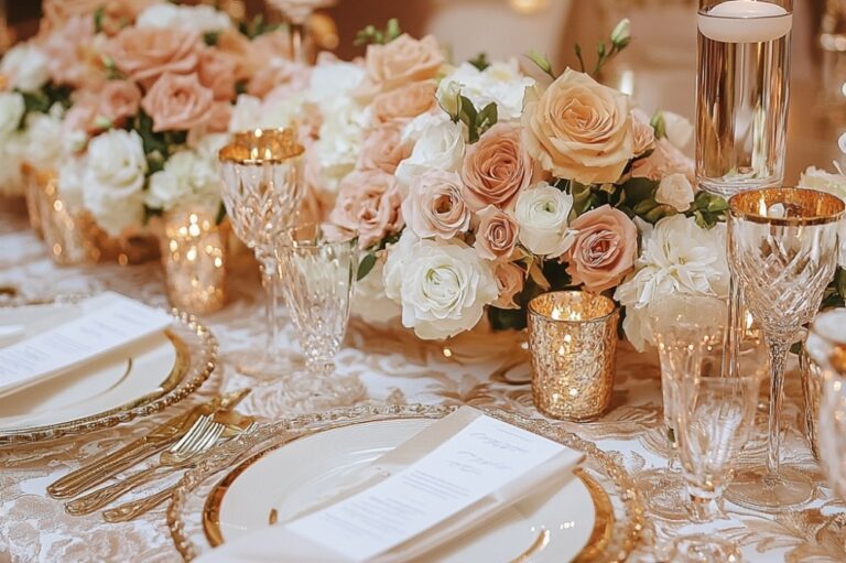 A tablescape of blush and peach, gold accents, Farima Perry Florals and Events