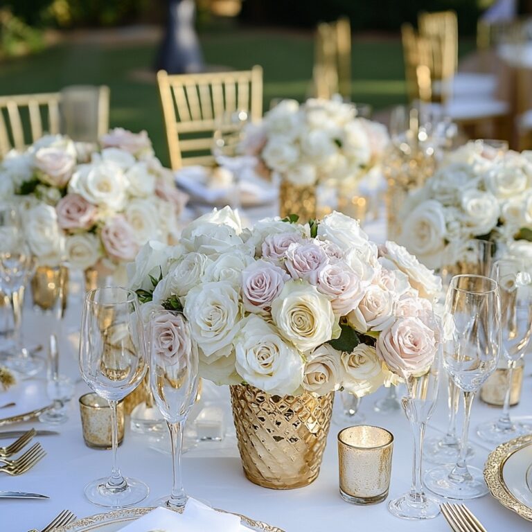 A garden reception in Florence, blush roses and gold chiavari chairs, Farima Perry Florals and Events