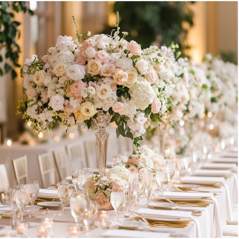 Tall centrepieces of blush and cream, along a long table, Farima Perry Florals and Events