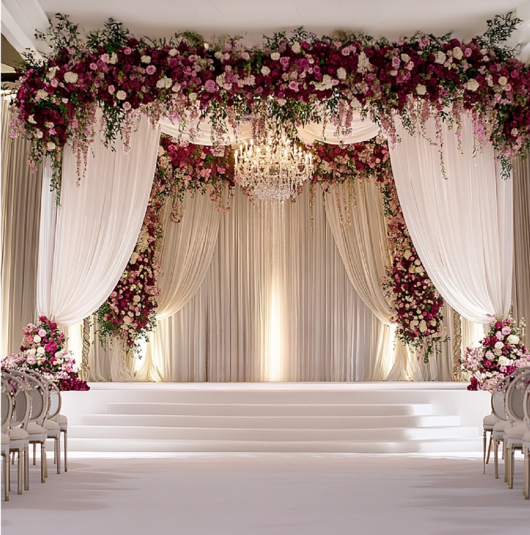 A burgundy and blush floral drape, crystal chandelier at its centre, Farima Perry Florals and Events