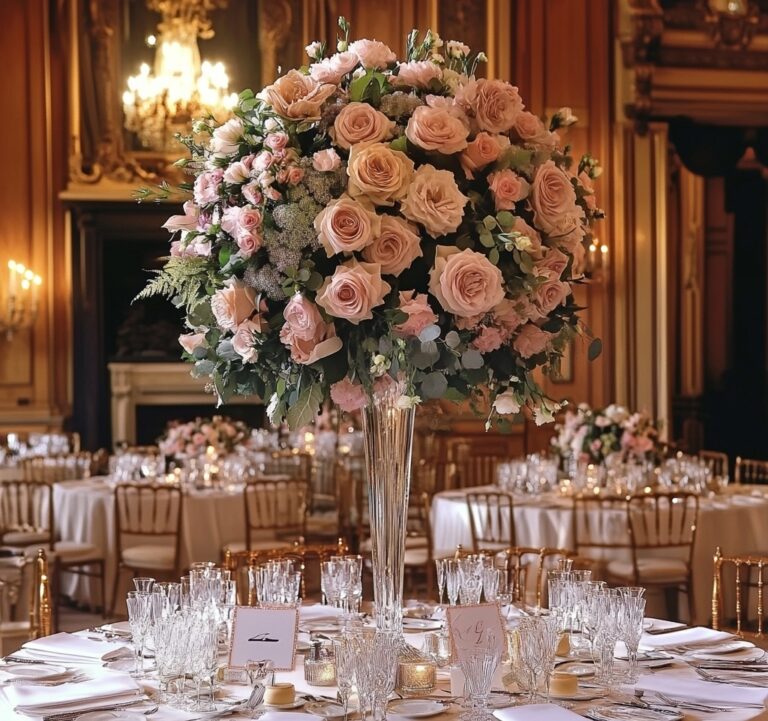 A tall centrepiece of blush and peach roses, Farima Perry Florals and Events
