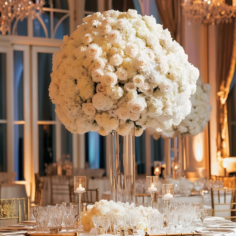 A tall centrepiece of white roses, beneath a chandelier, Farima Perry Florals and Events