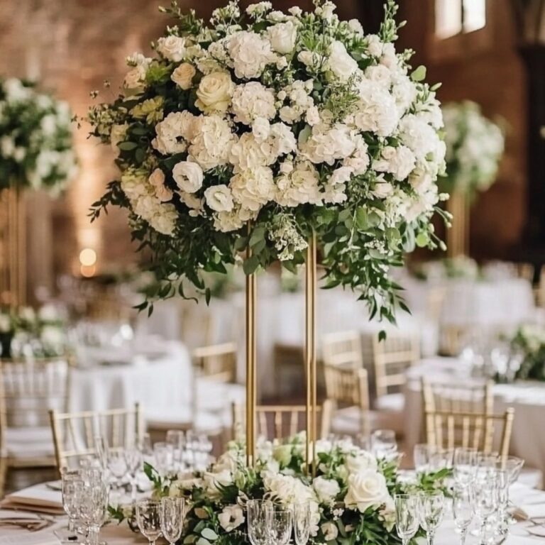 A tall centrepiece of white and green, exposed brick behind it, Farima Perry Florals and Events