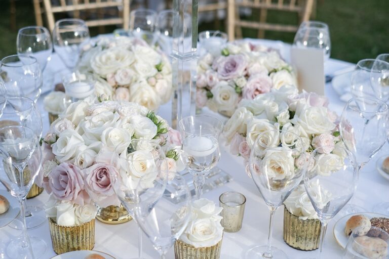 A centrepiece of blush and white roses, detail, Farima Perry Florals and Events