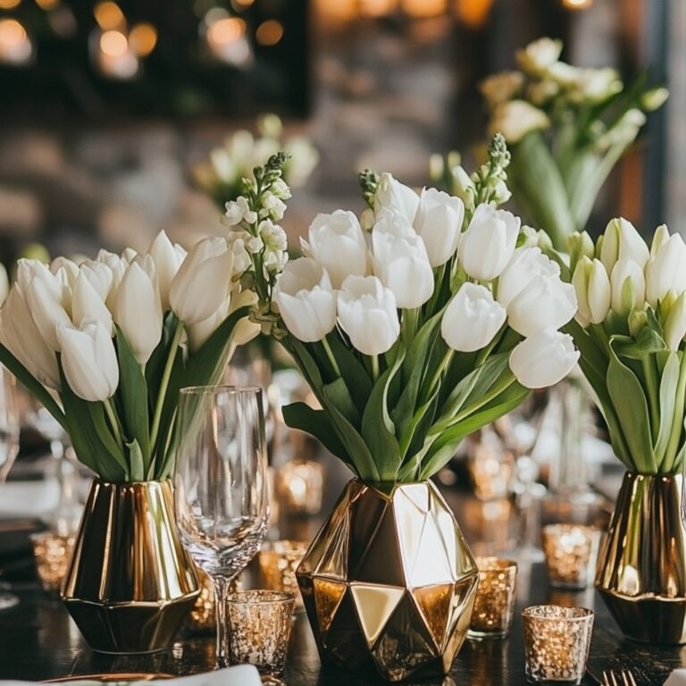 White tulips, in geometric gold vases, Farima Perry Florals and Events