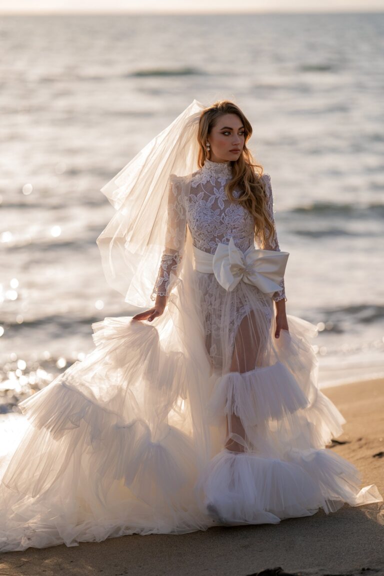 Ferdinand Atelier couture: a tiered tulle gown on the beach