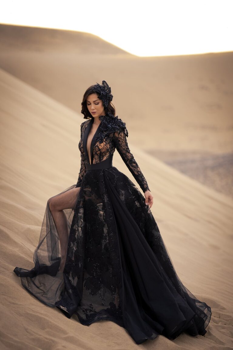 Ferdinand Atelier couture: a black lace gown in the dunes