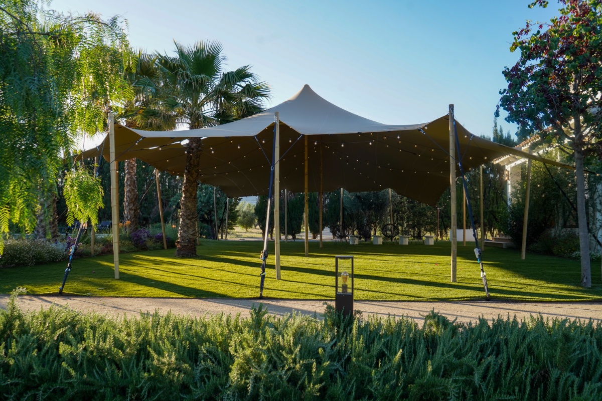Stretch tent in the garden at dusk, Finca La Concertista