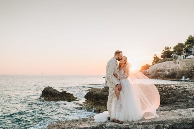 A bride's veil lifting in the wind beside the sea at sunset, Istria, Flammeum