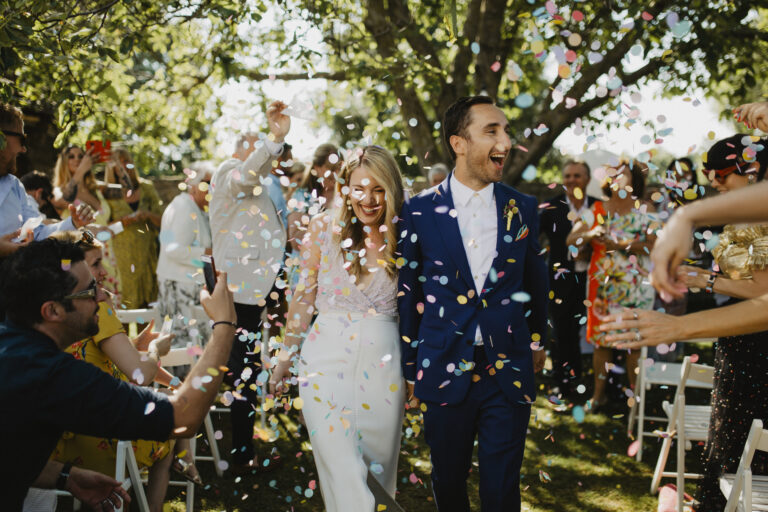 Confetti thrown over the couple as guests line their exit, Istria, Flammeum