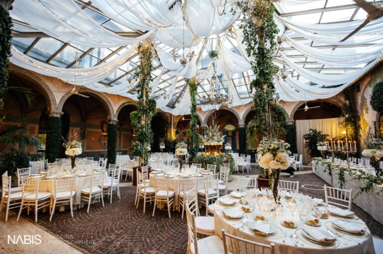The glass-roofed courtyard set for dinner, Castello di Tor Crescenza, Flavia Bruni