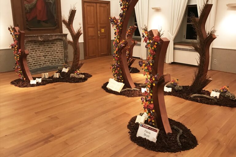 The flowering tree installation seen from the room's fireplace, FLEURAMOUR 2017, Flavia Bruni