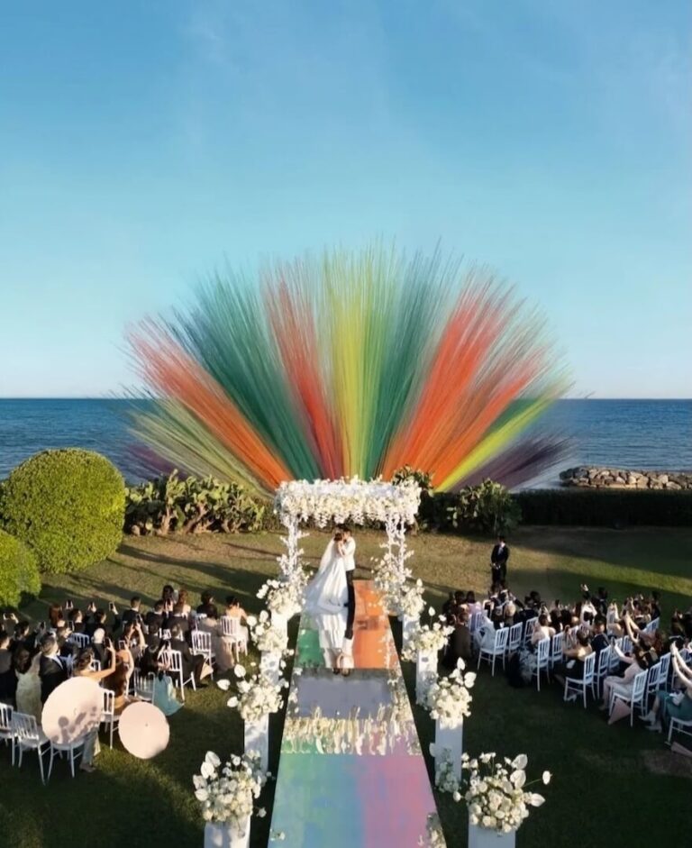 Guests exchange vows in a haze of colour, La Posta Vecchia, Floreventi
