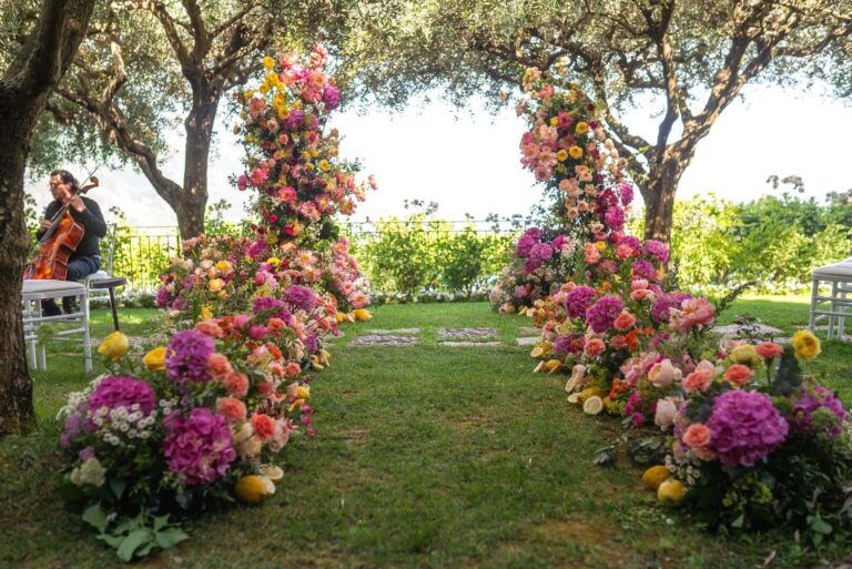 Ceremony arches beneath the olive grove, Belmond Hotel Caruso, Ravello, Floreventi