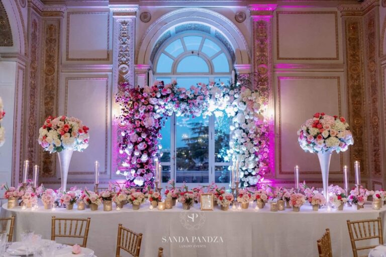 A candelabra arrangement of pink and white blooms, Villa Aurelia, Floreventi