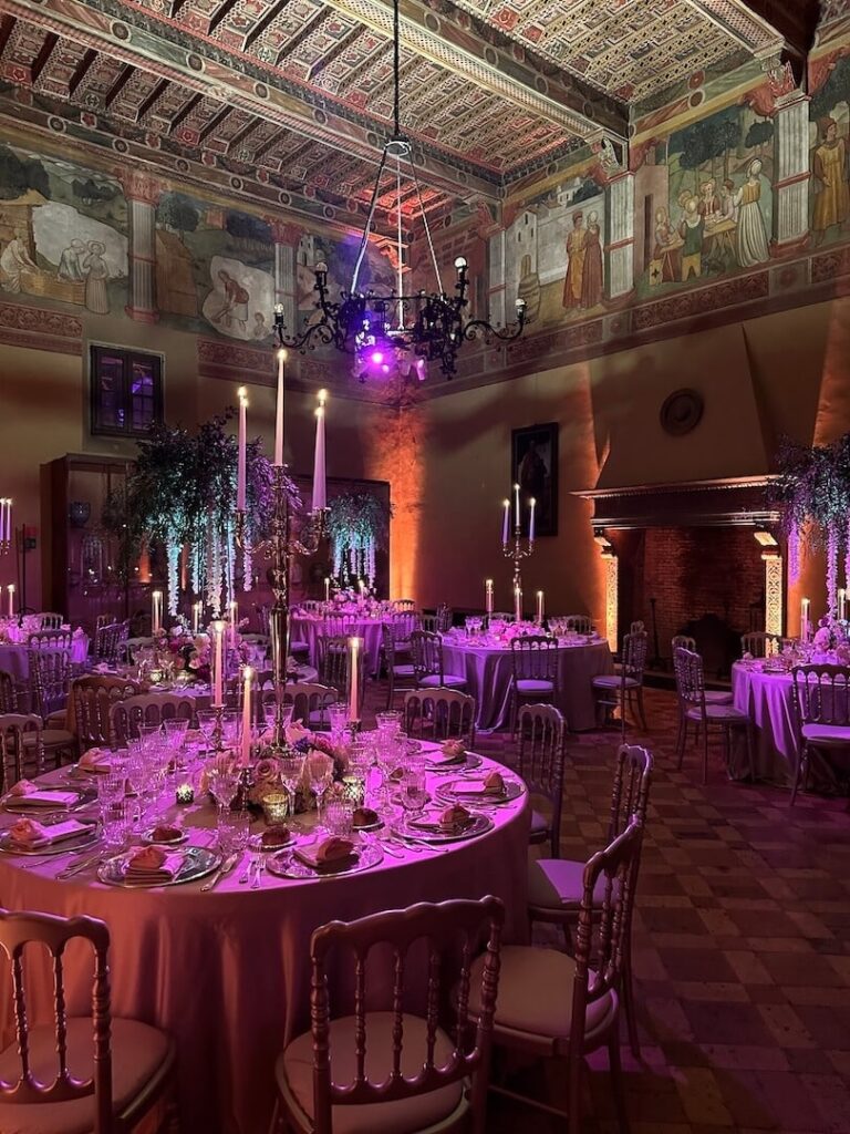 The frescoed hall dressed for dinner, Castello Odescalchi di Bracciano, Floreventi