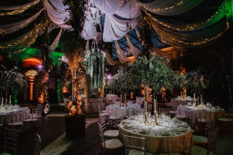Trees and hanging greenery dressed for dinner, Castello di Tor Crescenza, Floreventi