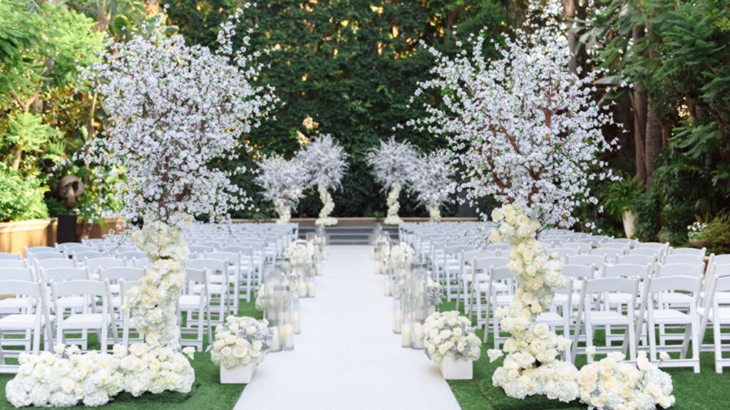 A wedding ceremony set on the lawn with an aisle and blossom arrangements, Four Seasons Los Angeles at Beverly Hills