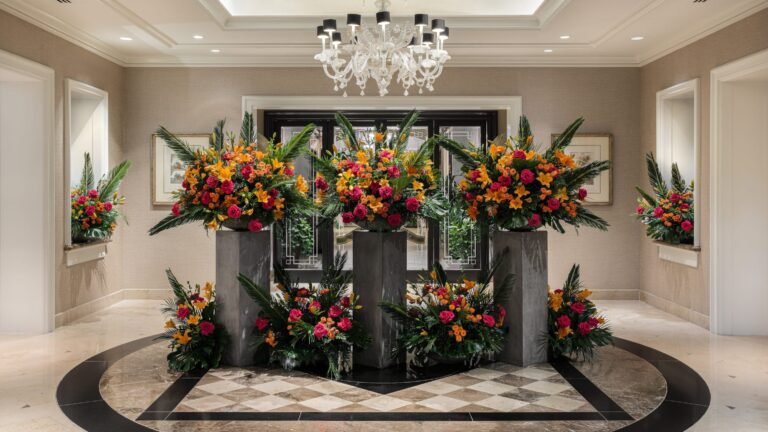 The lobby with tall floral arrangements, Four Seasons Los Angeles at Beverly Hills