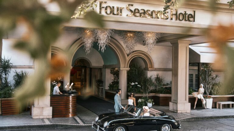 The hotel entrance under the Four Seasons sign, Four Seasons Los Angeles at Beverly Hills