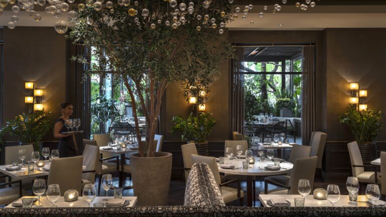 Restaurant room with a tree-lined garden view, Four Seasons Los Angeles at Beverly Hills