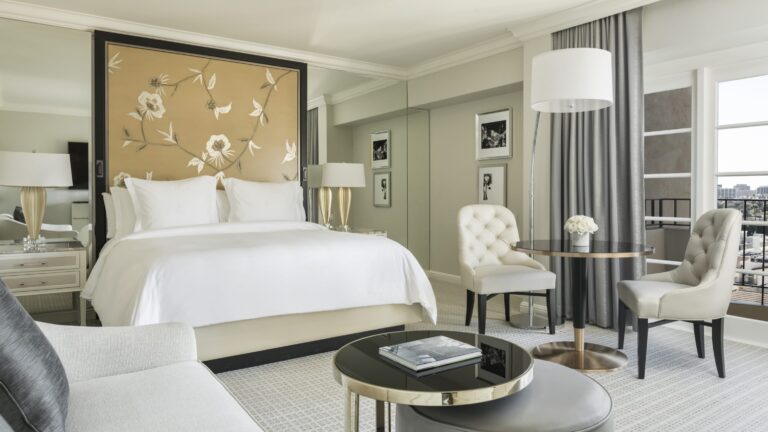 Bedroom with a floral headboard panel, Four Seasons Los Angeles at Beverly Hills