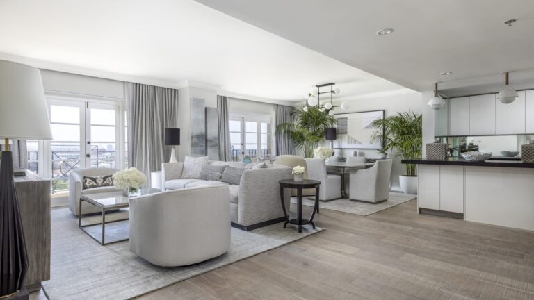 Open-plan suite with living and kitchen areas, Four Seasons Los Angeles at Beverly Hills