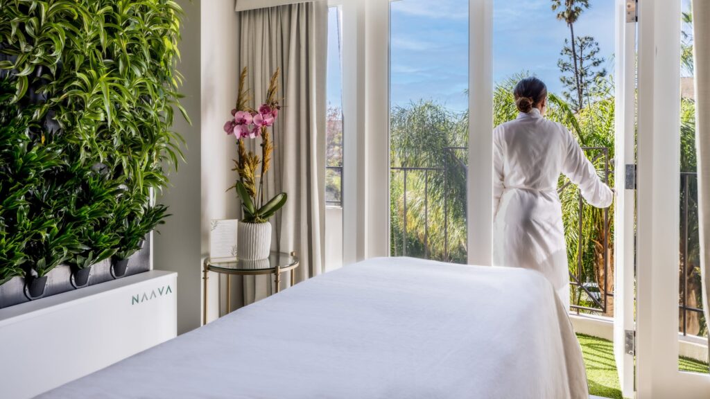 Spa treatment room opening onto the garden, Four Seasons Los Angeles at Beverly Hills
