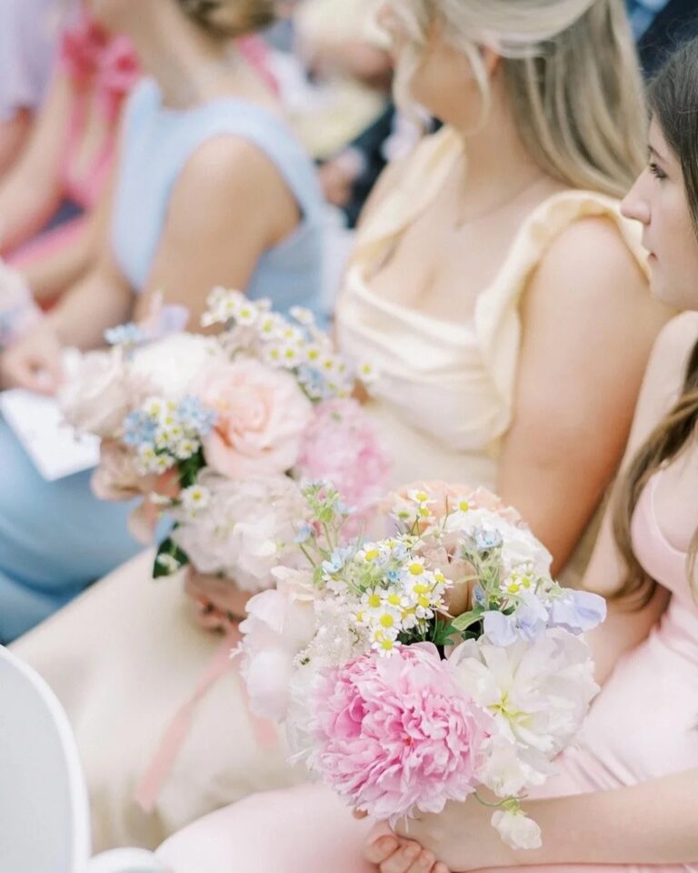 Bridesmaids' bouquets of peony, rose and chamomile, Foxgloves and Roses