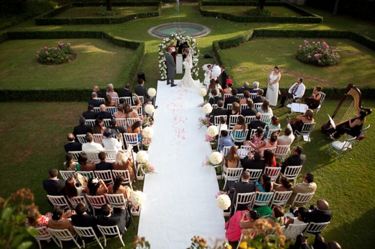 Rows of ceremony chairs face the garden fountain, Paula and Louis's wedding, Villa la Vedetta, Franci's Flowers Wedding Design