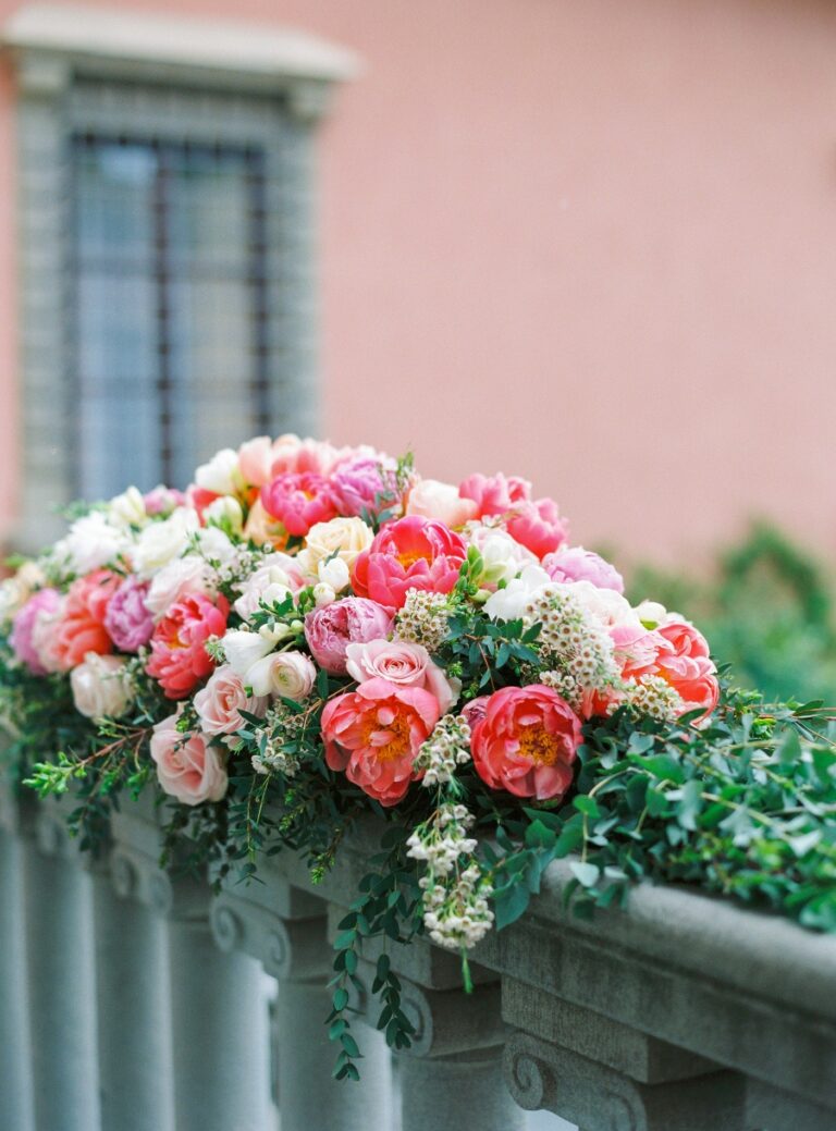 The bride before Villa Mangiacane's stone facade, Franci's Flowers Wedding Design