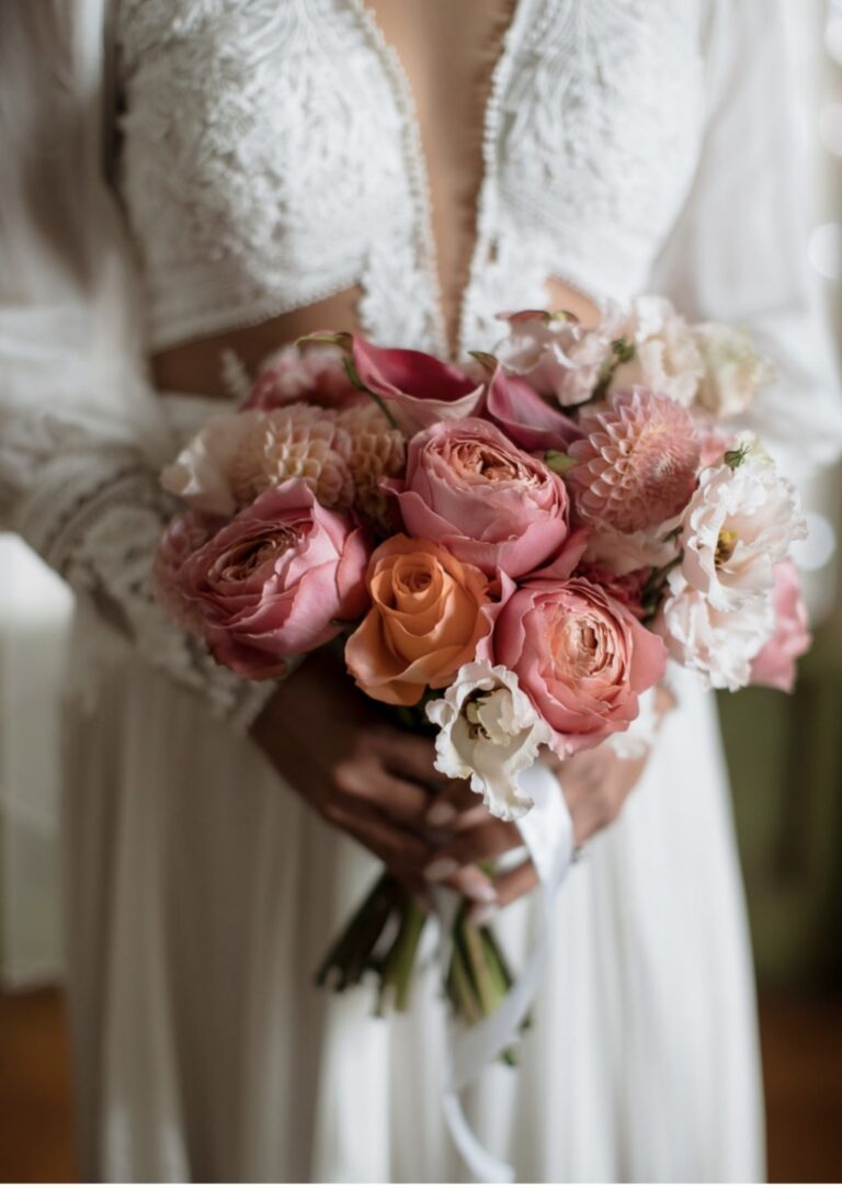 A bouquet of hot-pink dahlia and fuchsia calla lily, Villa Merlo Nero, Franci's Flowers Wedding Design