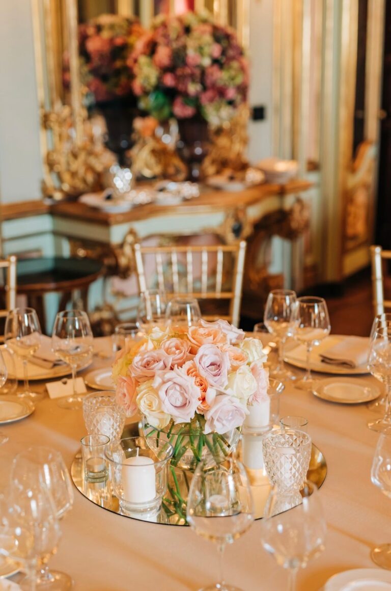 A dark, jewel-toned reception tablescape, Villa Cora, Florence, Franci's Flowers Wedding Design