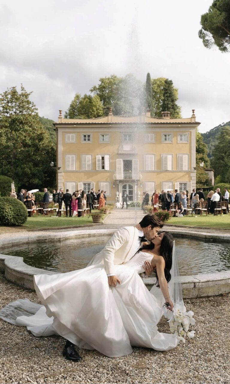 Guests gather at the fountain, Dylan and Brooke's wedding, I Coselli Collection, Franci's Flowers Wedding Design