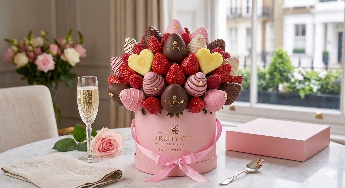 Chocolate dipped strawberry bouquet in a pink hat box on a table by a window, London, Fruity Gift