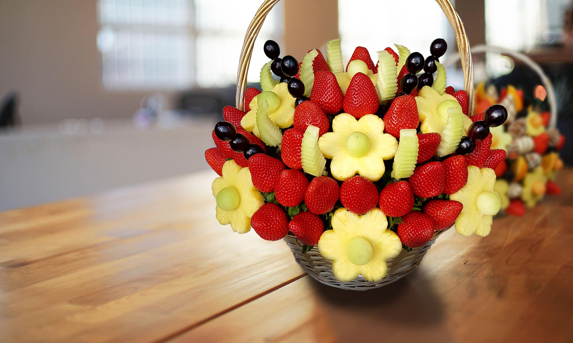 Fruit basket of chocolate dipped strawberries and pineapple flowers on a wooden table, Fruity Gift