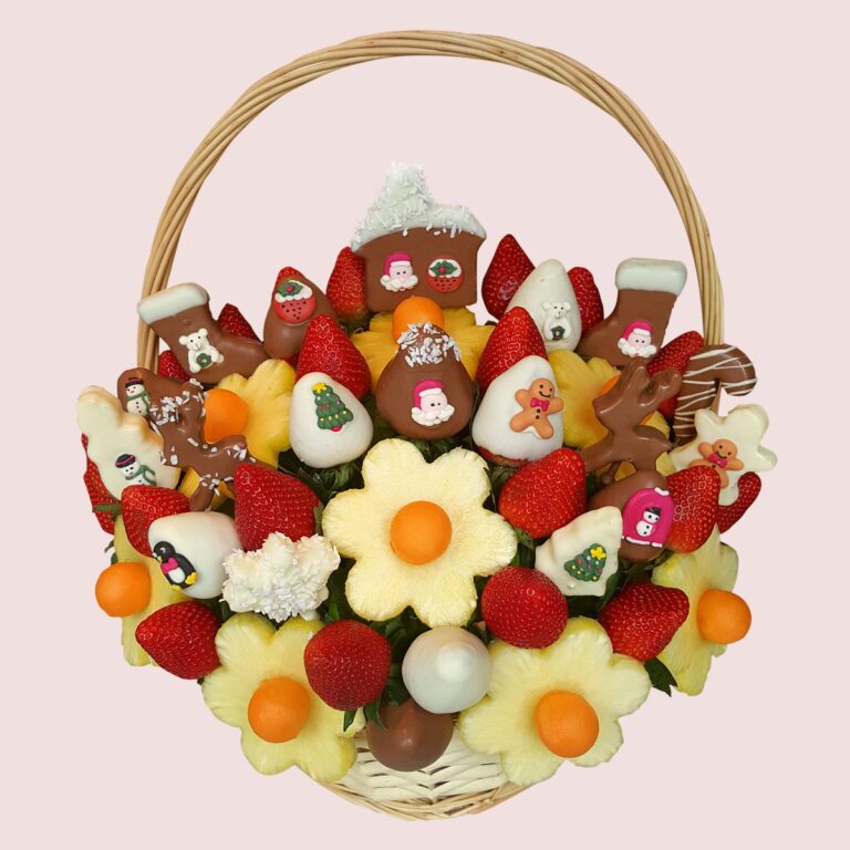 Party basket of chocolate dipped strawberries and fruit flowers, Fruity Gift