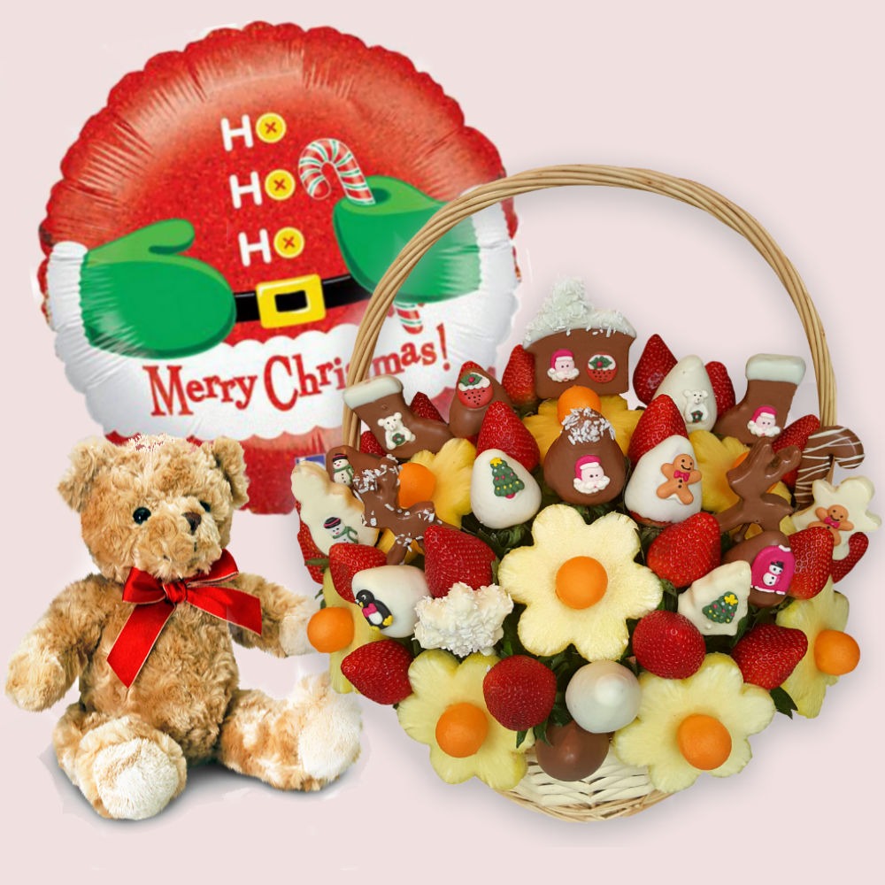 Dipped fruit gift basket presented with a balloon and teddy bear, Fruity Gift