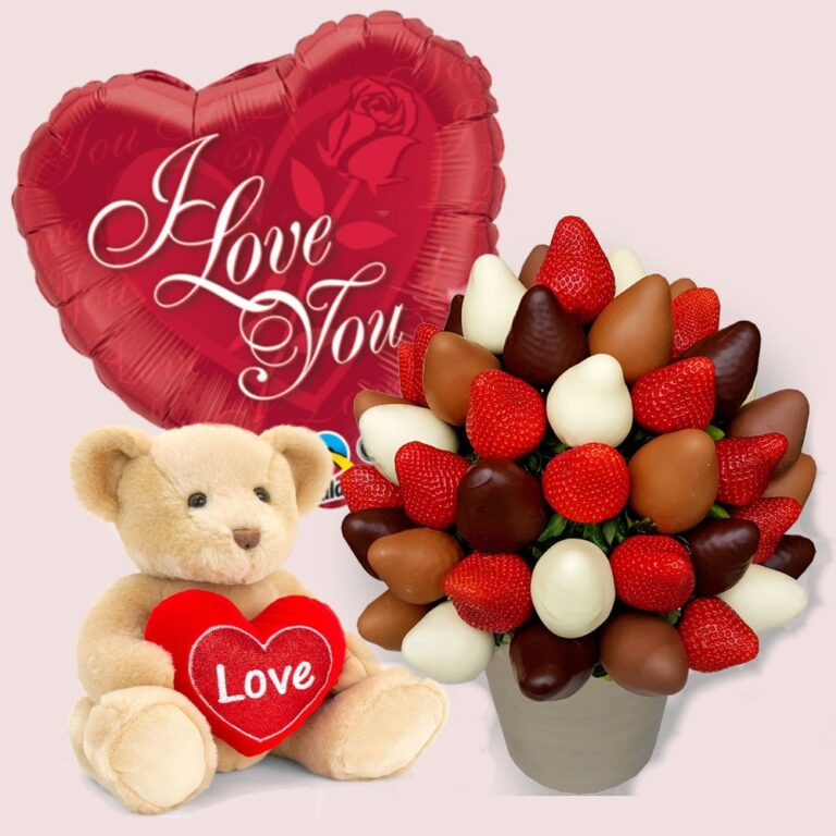 Chocolate dipped strawberry bouquet with a heart balloon and teddy bear, Fruity Gift
