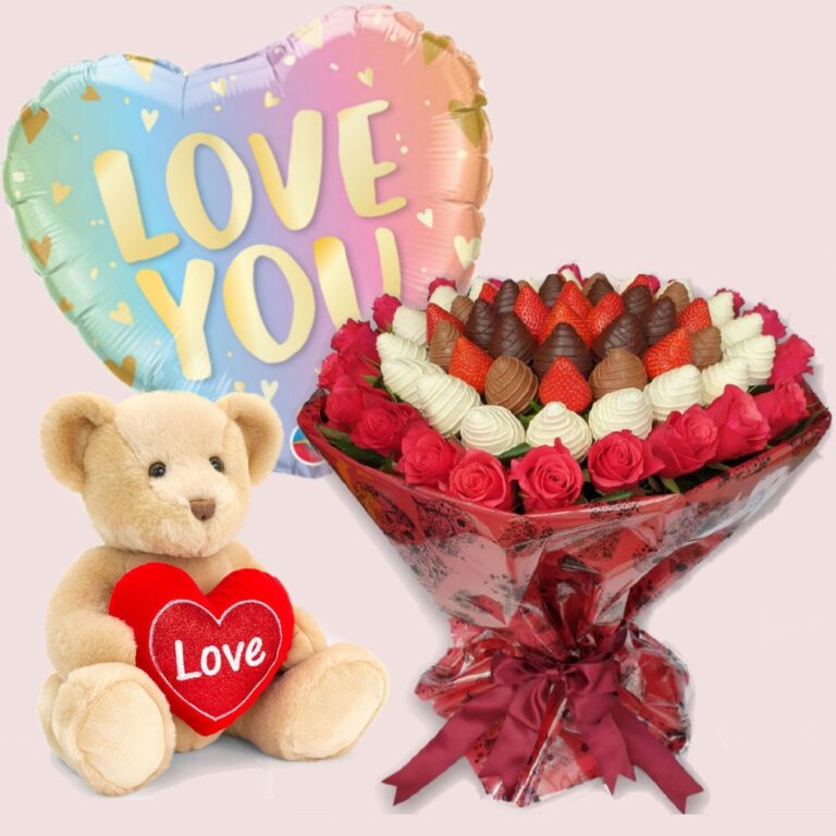 Chocolate dipped strawberry heart with a rose bouquet and balloon, Fruity Gift