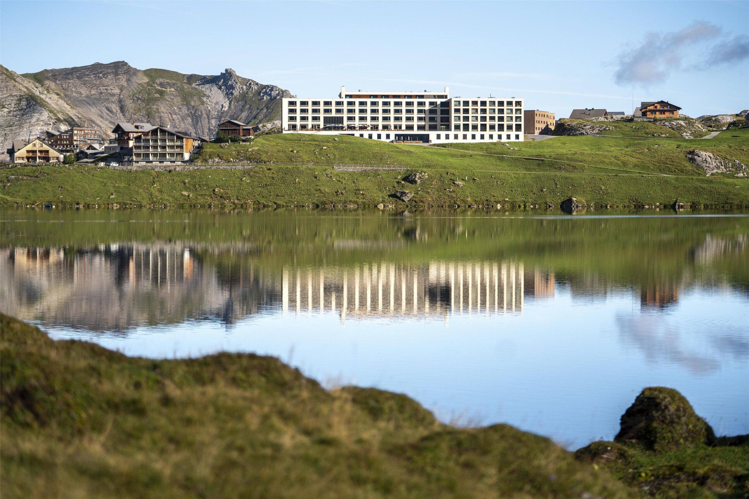 The resort seen across the lake, Frutt Mountain Resort
