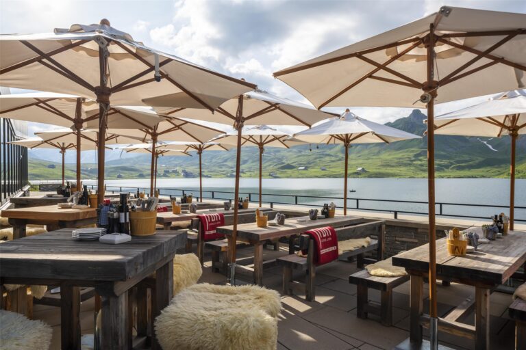 Dining on the lakeside terrace, Frutt Mountain Resort