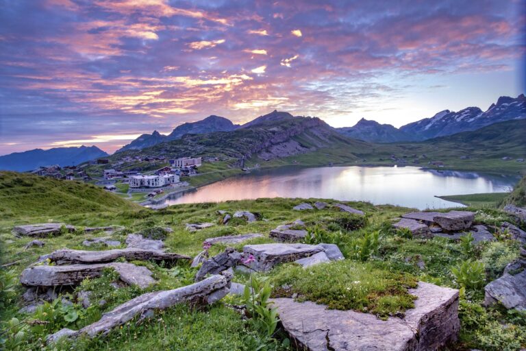 Melchsee and the resort at dusk, Frutt Mountain Resort