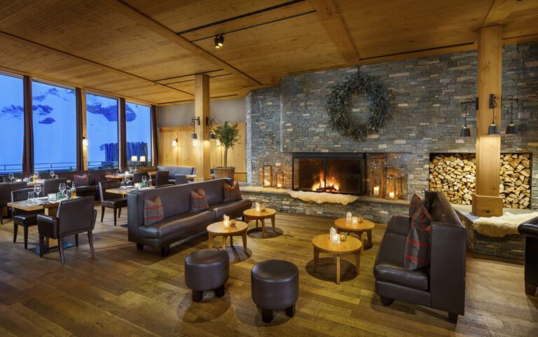 A fireside lounge and dining area, Frutt Mountain Resort