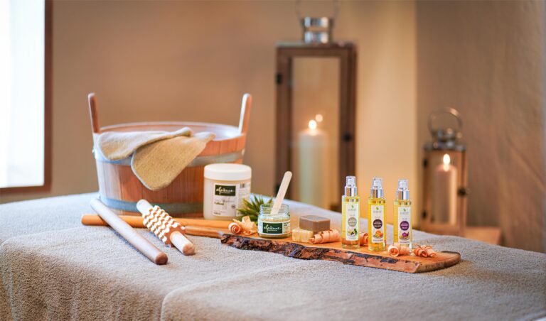 Treatment products on a spa bed, Frutt Mountain Resort