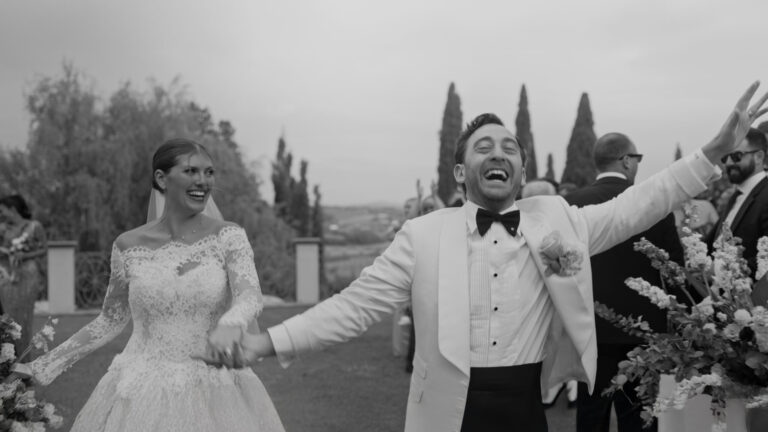 Gabby and Ben celebrating in black and white at Villa Valentini Bonaparte, Umbria, Gaetano Di Giacomo Media Production