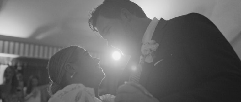 A quiet moment between a couple in black and white, from Eve and Jack's wedding film at Kin House, Wiltshire, Gaetano Di Giacomo Media Production