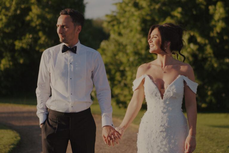 Lucy and Kevin in golden light in the grounds of their wedding venue, from a film shown on his Hertfordshire page, Gaetano Di Giacomo Media Production