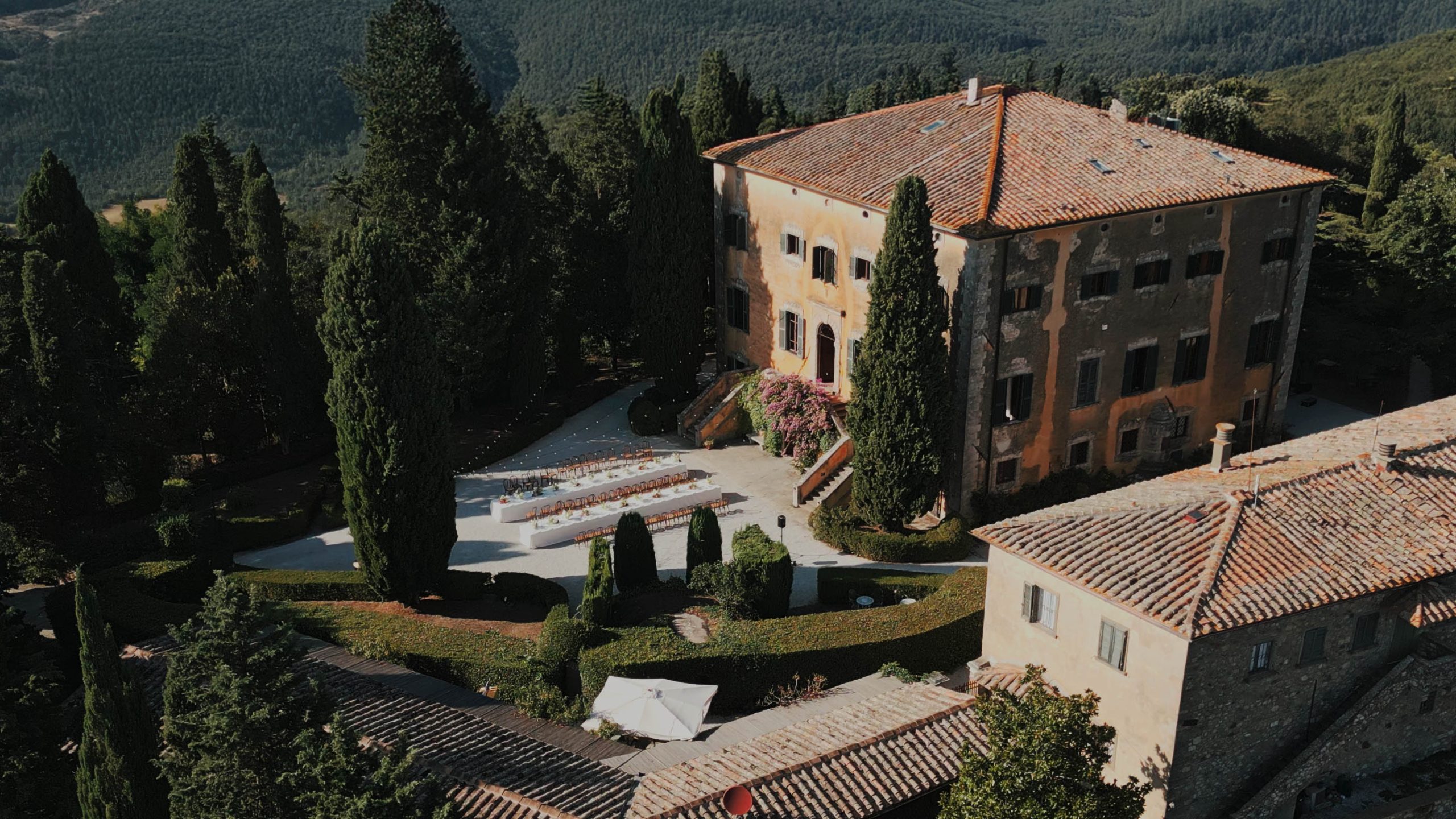 Drone view of Villa di Ulignano and its gardens near Volterra, Tuscany, Gaetano Di Giacomo Media Production