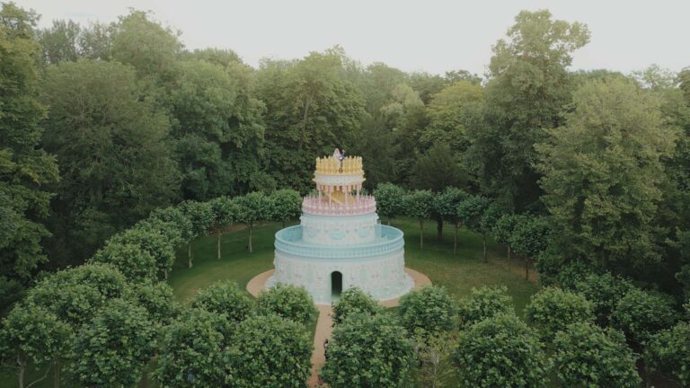Drone view over the tiered Wedding Cake pavilion in the gardens at Waddesdon Manor, Buckinghamshire, Gaetano Di Giacomo Media Production